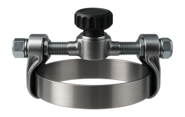 High-pressure steel clamp with a reinforced band suitable for hydraulic systems in machinery.