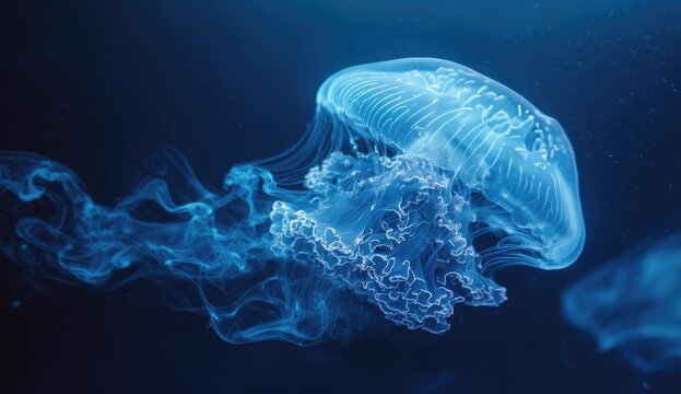 A glowing jellyfish in deep blue water - Powered by Adobe