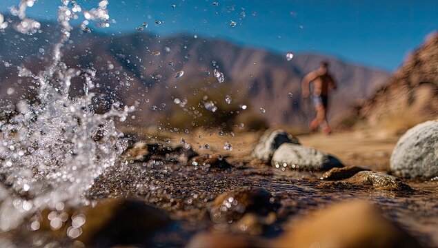 Runner splashing in mountain stream - Powered by Adobe