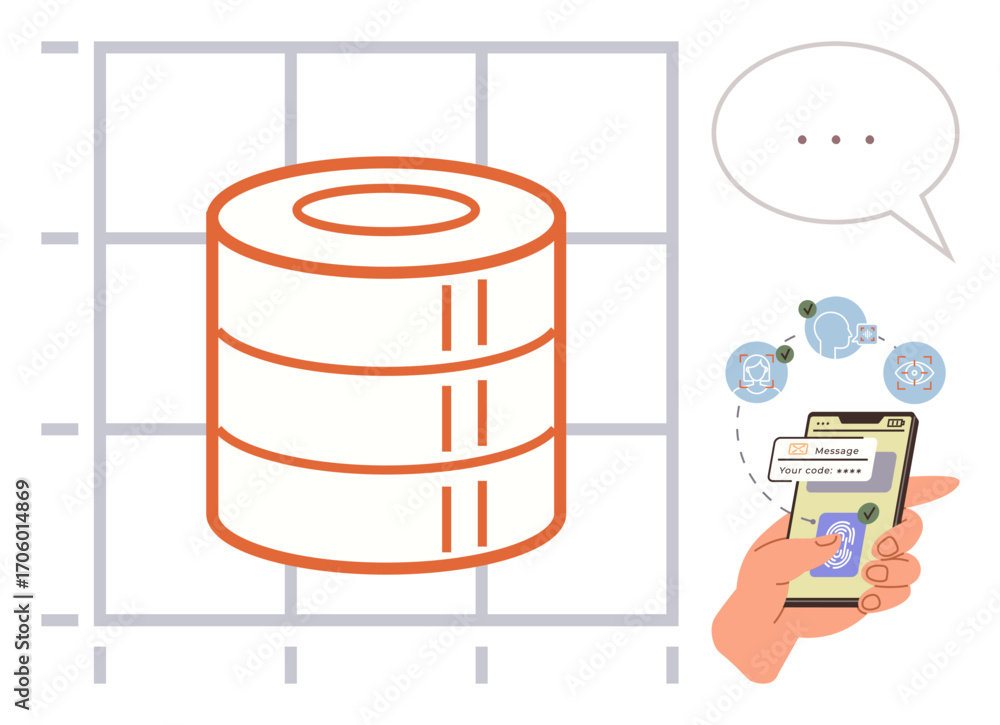 Aufkleber database diagram on grid background paired with a hand using a smartphone for secure communication. 