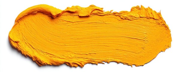 A thick, textured smear of opaque yellow paint with distinct brushstrokes isolated against a white background. Close-up, bright, vibrant, and textural