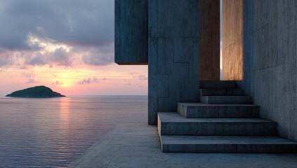 Modern architecture overlooking a tranquil sunset over the ocean
