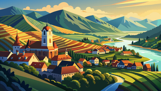 Wachau Cultural Landscape, Austria, a sunlit Danube valley of terraced vineyards, medieval towns, and baroque abbeys framed by gentle hills under a brilliant summer sky.