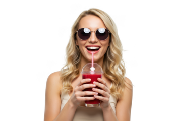 Happy woman with sunglasses drinking a red beverage isolated on transparent background