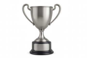 Silver trophy cup with blank name plate on transparent background, representing victory, achievement, and recognition