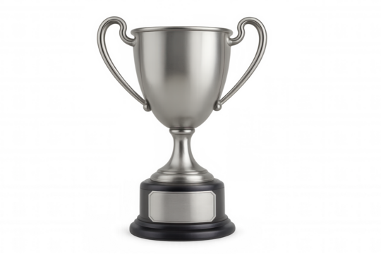 Silver trophy cup with blank name plate on transparent background, representing victory, achievement, and recognition