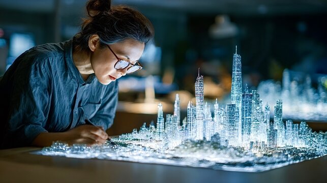 Architect designing futuristic illuminated city model late at night