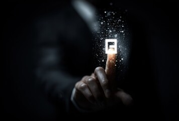 A business hand presses a glowing button, emitting tiny light particles against a dark backdrop, conveying concepts like choice and activation