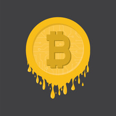 Digital coins have lost their value. Melting bitcoin coins. Bitcoin price collapse, crypto currency volatility price. Crypto crisis. Blockchain technology