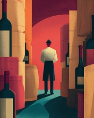 Sommelier Surrounded by Wine Barrels and Bottles in Cellar