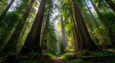 Redwood forest trees nature scene sunlight path way Lush green forest Redwood national park California Tall trees sunlight beams through canopy