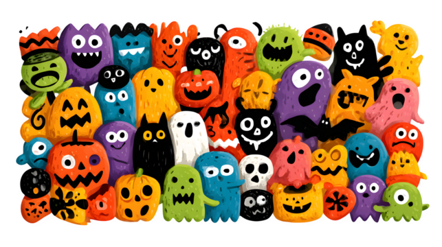 Colorful Halloween icons in playful festive arrangement, isolated on white background
