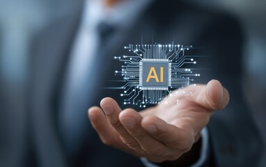 Businessman holds a holographic AI chip