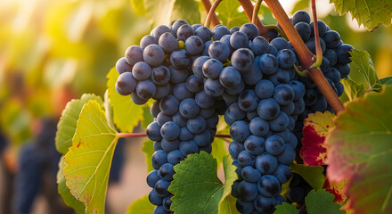 Fototapeta premium Ripe dark purple grapes hanging on a vine in a sunny vineyard at golden hour