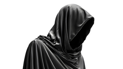 Ghost figure draped in black robe with eerie folds, isolated on white background