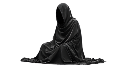 Ghost figure draped in black robe with eerie folds, isolated on white background