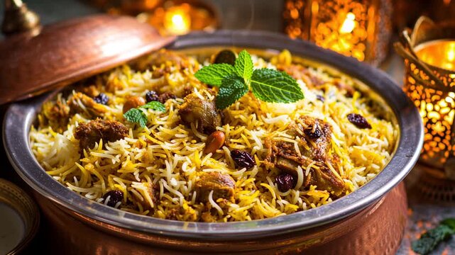A bowl of food with a green garnish on top. The bowl is made of metal and is filled with rice and meat