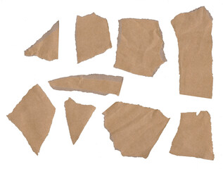 Pieces of torn brown paper arranged on a white surface