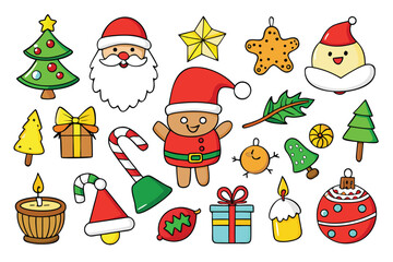 Vector art of handdrawn cartoon christmas elements featuring santa claus, gingerbread man, snowman, christmas tree, gift box, candy cane, candle, and ornament
