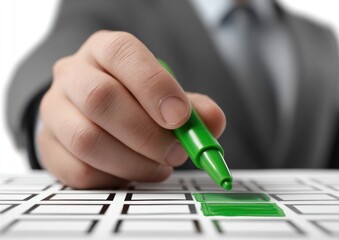 A person's hand uses a bright green marker to fill in a square box on a patterned sheet of paper against a blurred white background