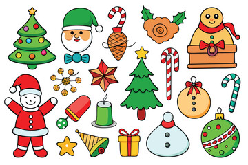 Fototapeta premium Vector art of a collection of cute cartoon christmas elements including trees, santa, snowmen, gifts, candy canes, and ornaments
