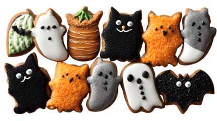 Gingerbread cookies in Halloween shapes with icing, isolated on white background