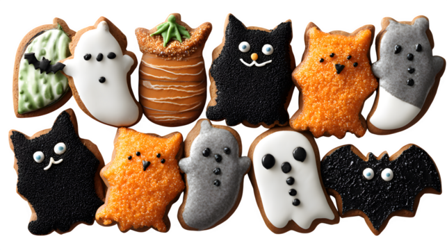 Gingerbread cookies in Halloween shapes with icing, isolated on white background
