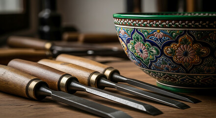Woodworking Chisels and Decorative Bowl on Wooden Surface