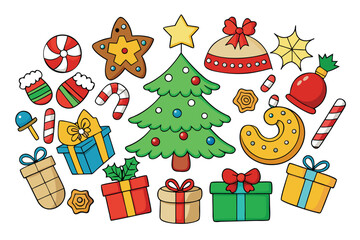 Fototapeta premium Vector art of a collection of cute cartoon christmas elements including a tree, gifts, stockings, candy canes, and gingerbread cookies