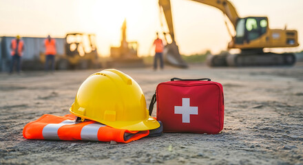Yellow hard hat orange safety vest and red first aid kit at a construction site
