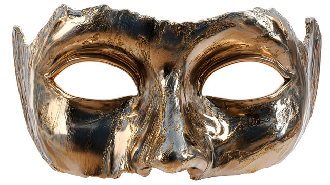 Golden Halloween mask with shiny metallic surface, AI generated, isolated on white background