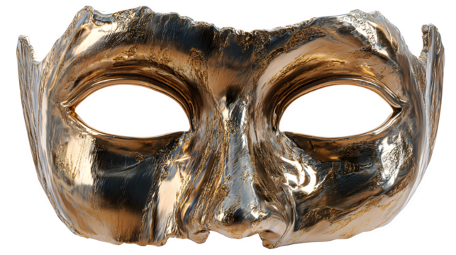 Golden Halloween mask with shiny metallic surface, AI generated, isolated on white background