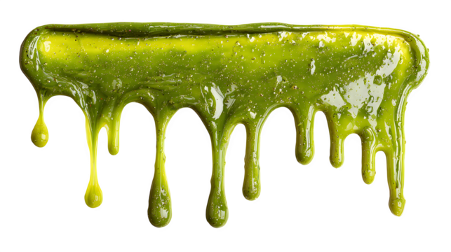Green slime splat dripping goo texture for Halloween theme, isolated on white background