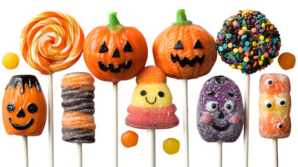 Group of Halloween candies and lollipops arranged festively, isolated on white background