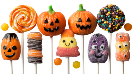 Group of Halloween candies and lollipops arranged festively, isolated on white background
