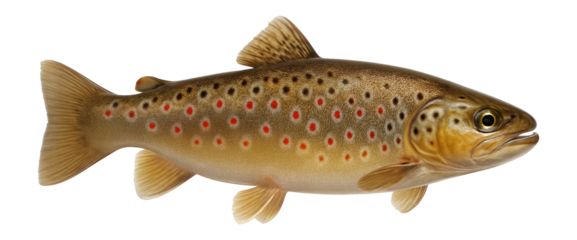 Brown trout exhibiting spotted pattern with red and black dots on a light brown body