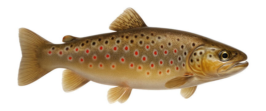 Brown trout exhibiting spotted pattern with red and black dots on a light brown body