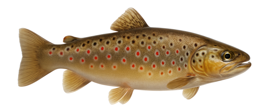 Brown trout exhibiting spotted pattern with red and black dots on a light brown body
