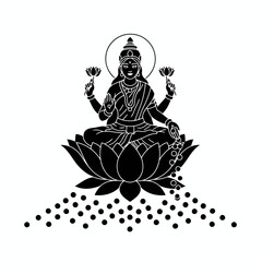 Illustration of goddess lakshmi sitting on lotus flower, symbol of wealth, fortune, power, luxury, beauty and prosperity