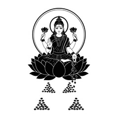 Illustration of goddess lakshmi sitting on lotus flower, symbol of wealth, fortune, power, luxury, beauty and prosperity