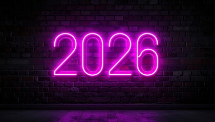 A neon-lit "2026" glows against a textured brick wall, casting a purple reflection on the floor