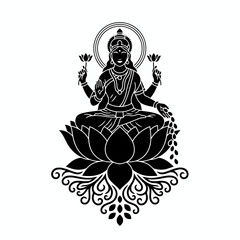 Illustration of goddess lakshmi sitting on a lotus flower and showering coins, a symbol of prosperity and fortune