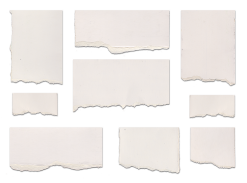 Collection of torn blank paper pieces on a white background
