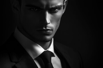 Close-up black and white portrait of a serious, handsome man in a suit.