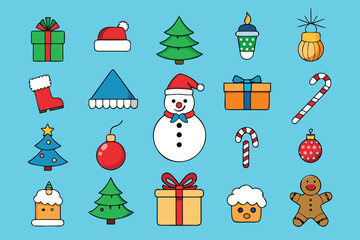 Vector art of a collection of festive christmas icons including gifts, trees, snowman, candy canes, and ornaments on a blue background