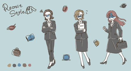 シンプルかわいいリクルートスーツ女子のイラスト_焦る／困る
