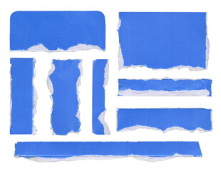 Blue paper torn pieces arranged in various shapes and sizes