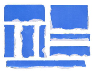 Blue paper torn pieces arranged in various shapes and sizes