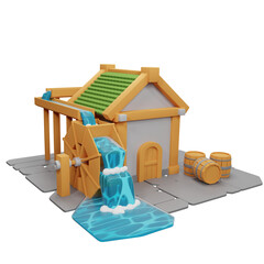 Water wheel. Antique wooden house. The Forester house is made of logs. Watermill near the old hut. Water wheel for watering garden plants. Forester hut
