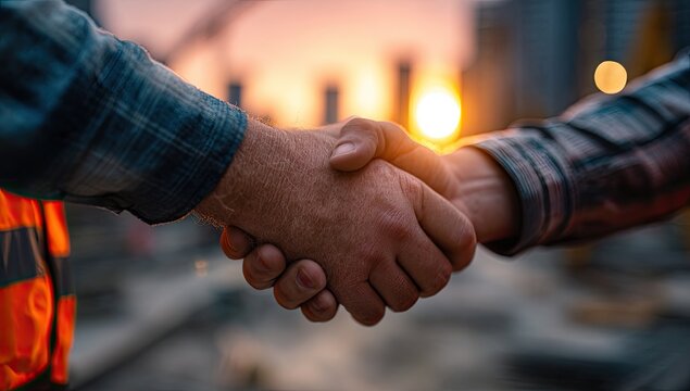 Two construction workers shaking hands at sunset (1)